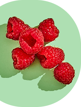 Five raspberries on a light green background.