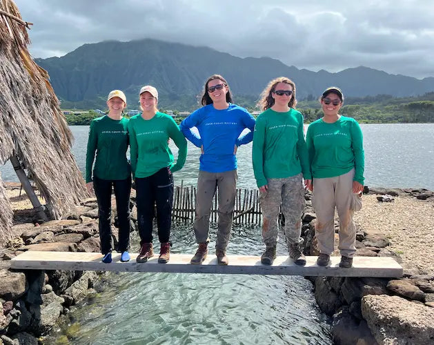 Five people standing on a small bridge with mountains and a lake in the background.